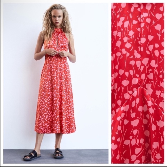 Zara Red Floral Satin Effect Halter Neck Tie Back Midi Dress - Picture 1 of 13